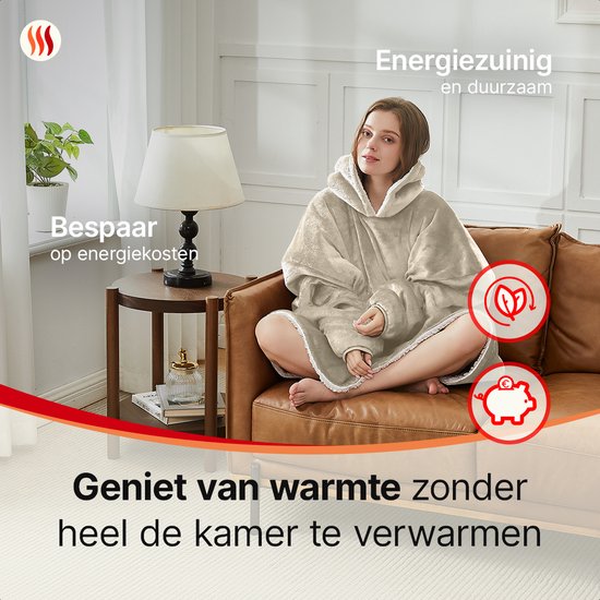 Seranova Heizdecke mit Kapuze - Electric Snuggle Hoodie - Fleecedecke mit Ärmeln - Unisex-Heizpulli - Weich & Warm - Beige