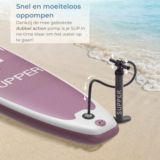 Supper Sup Board XL - Max 220KG - Aufblasbar - Paddle Board - Wasserdichte Handytasche - Pumpe - Finne - Leash - Tragetasche - 335 x 81 cm - Pink