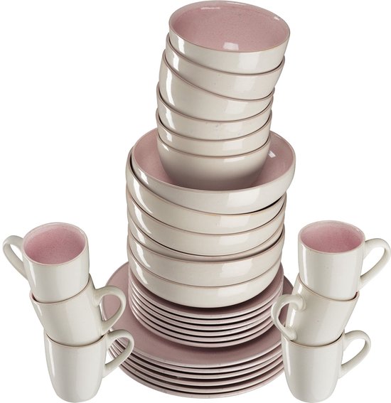 tectake® Geschirrset Mare – 30-teilig – Steingut mit glänzender Glasur - Für 6 Personen - Handgefertigtes Geschirr - Modernes Geschirrset mit großen und kleinen Tellern, Schüsseln, Schälchen und Tassen - Spülmaschinen- und mikrowellengeeignet - Rosa