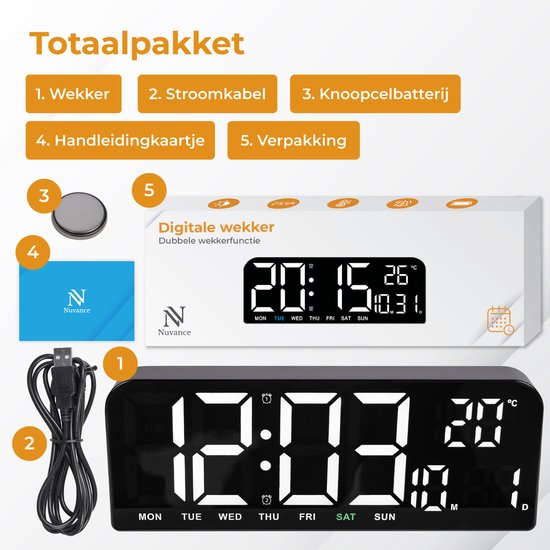 Nuvance Digitaler Wecker - Digitale Uhr - Reisewecker für Kinder & Erwachsene - Wecker - LED-Wecker Digital