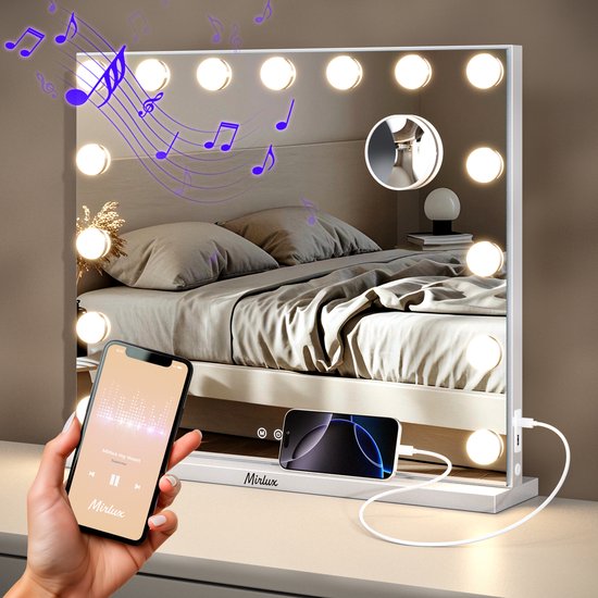 Mirlux Hollywood Mirror 58x48CM - Bluetooth-Spiegel mit 2 Lautsprechern - Schminkspiegel mit Beleuchtung - 15x LED-Lampen - 3 Lichtmodi - 10-fache Vergrößerung - Hollywood-Spiegel mit USB & USB-C - Luxuriöser weißer Schminkspiegel für Schminktisch oder Ba