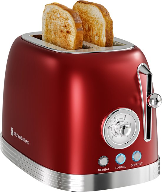 KitchenBrothers Retro-Toaster - Toaster - 6 Heizstufen - 2 extra breite Schlitze - 815W - Rot