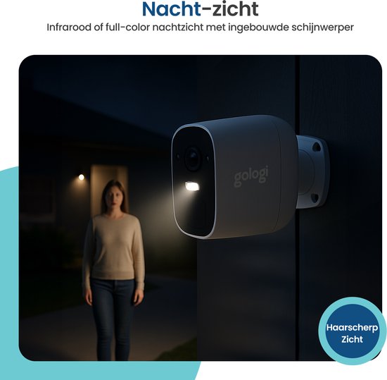 Gologi Drahtlose Sicherheitskamera für Außen und Innen - Überwachungskamera mit Akku 5200 mAh - USB-C wiederaufladbar - Nachtsicht - Bewegungserkennung - Magnetische Befestigung - 4MP HD Kamera WiFi mit App - Sicherheitskamera - Weiß