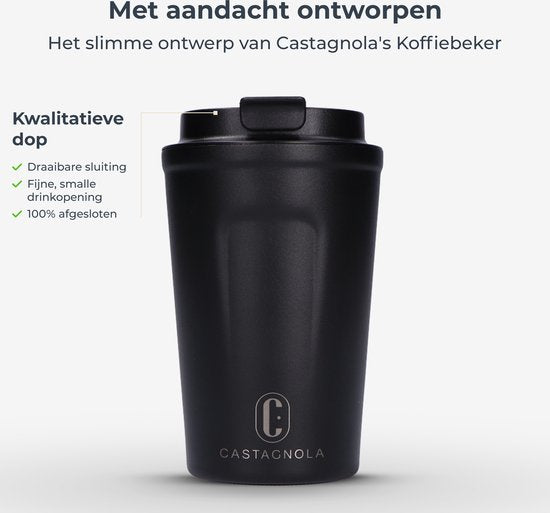 Castagnola Thermosbecher - Kaffeebecher To Go - Reisebecher für Kaffee und Tee - Teebecher - 380 ML - Edelstahl - Schwarz