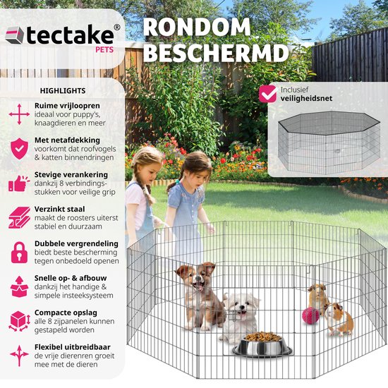 tectake - Freigehege mit Sicherheitsnetz - Faltbarer und erweiterbarer Stall - Kleintiere, Kaninchen, Welpenschutzgitter, Kaninchenstall - Freigehege - Ø 145 x 73 cm
