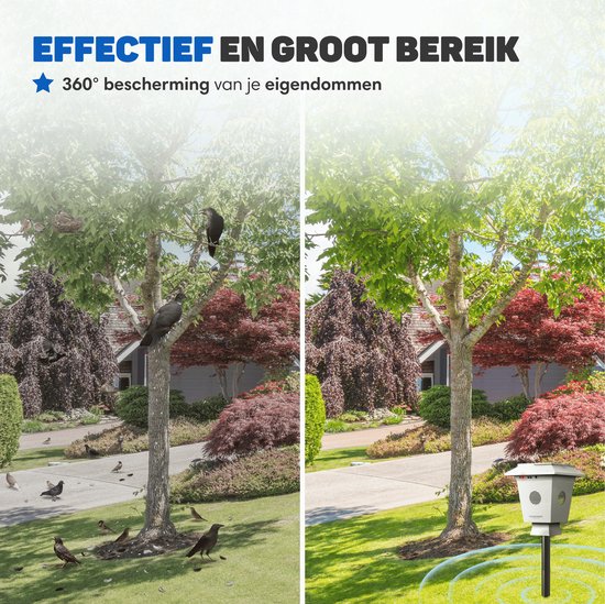 Vulpes Goods® Bird Repellent PRO - Vogelabwehr - Ultraschall - Tierfreundlich - Solar­betrieben - Weiß/Schwarz