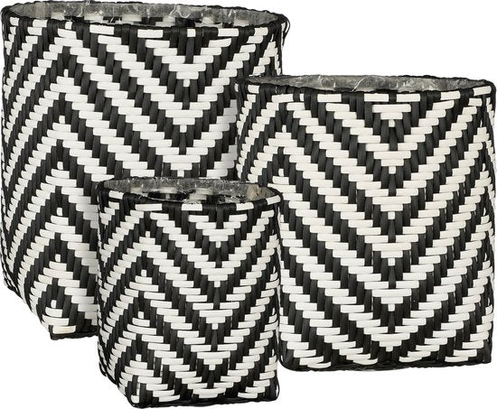 Mica Decorations Merlin Outdoor-Pflanzkorb - 3er-Set - H26 x Ø24 cm - Recycelter Kunststoff - Schwarz, Weiß