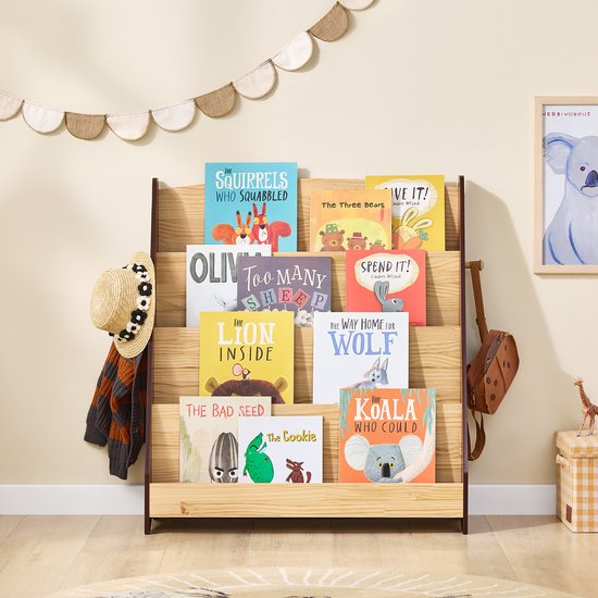 SoBuy KMB32-N Bücherregal für Kinder, Spielzeug, Bücherregal, 4 Ebenen, mit 2 Haken, Bücherregal, Aufbewahrungsschrank, Schlafzimmer, Büro, Wohnzimmer, natur, 91 x 30 x 89 cm