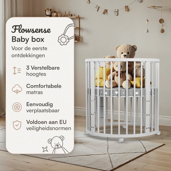 Flowsense Baby Box - Runder Laufstall - Mit Matratze - Höhenverstellbar - Räder - Weiß
