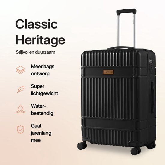 SKYCASES Classic Heritage - Großer Reisekoffer - TSA-Schloss - 76x52x30 cm - 100L - XL-Rollkoffer - 360° geräuschlose Rollen - Leichtgewicht - Trolley - Schwarz