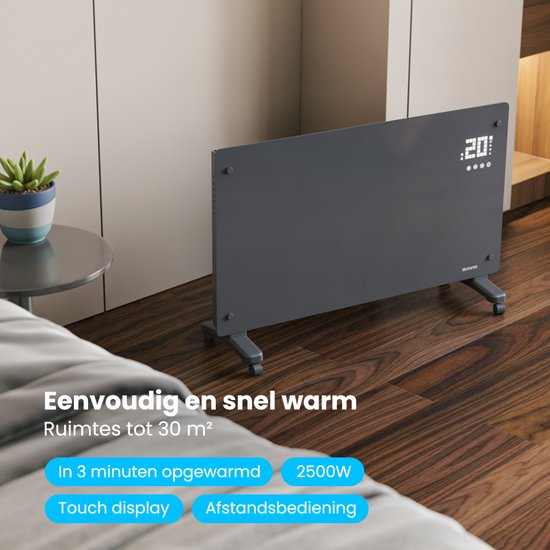 Auronic Electric Heater - Konvektor-Heizung mit Thermostat und Fernbedienung - Glasheizung - 2500W Heizung - Grau
