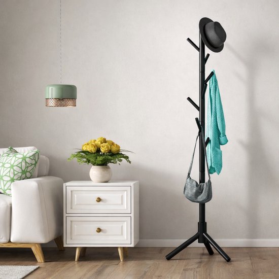 Bayt Garderobe - Stehende Garderobe - Garderobenständer Holz - Stehende Garderobe - Garderobenständer - 8 Haken - 175 cm - Schwarz