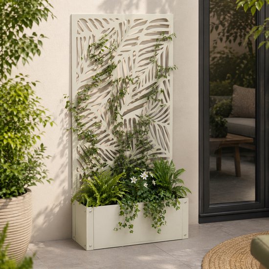 Mica Decorations Sapri Pflanzenstütze – Pflanzkübel mit Klettergitter für Kletterpflanzen – Pflanzenständer, freistehend oder an der Wand – 57,5 x 21 x 118 cm – Off White