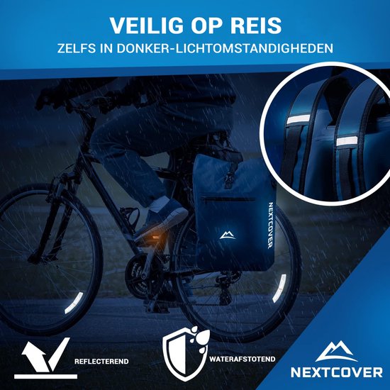NEXTCOVER® NEW 3-in-1 Fahrradtasche für Gepäckträger [Aquashield] - Reflektierende Gepäcktasche wasserdicht - Rucksack und Umhängetasche [25 Liter]- Blau
