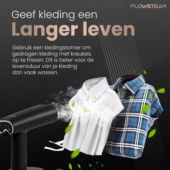 FLOWSTEAM® Luxury Clothes Dryer - Handbedampfer - Wäschedampfer - Mattschwarze Ausführung - Inklusive Aufbewahrungsbeutel