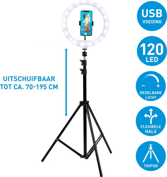 Grundig Ringleuchte mit Stativ - Verstellbares Ringlicht bis 195cm - Tiktok Lampe mit Handyhalterung - Selfie Ringlicht - Ringleuchte mit 3 Lichtstufen - Make Up Lampe