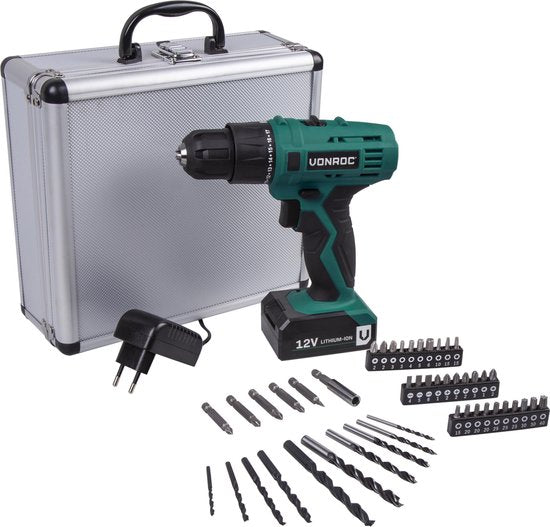 VONROC Akku-Bohrmaschine - 12V Li-Ion - Inkl. Aluminium-Koffer, 46 Zubehörteile, 1x Akku & Ladegerät