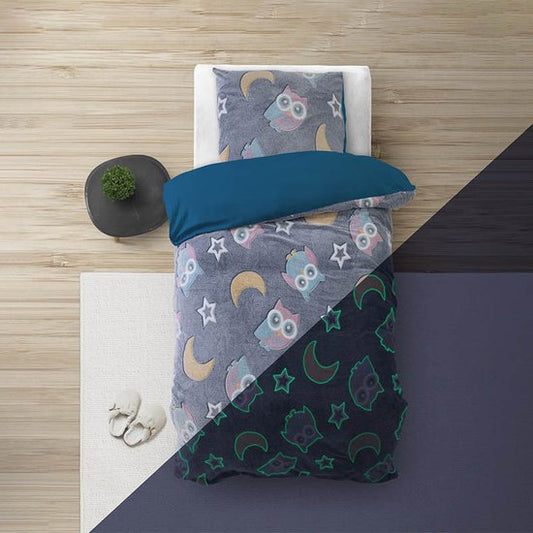 Sleeptime Glow in the dark Night Owl Bettbezug - 140X200/220 + 1 x Kopfkissenbezug 60x70 - Blau