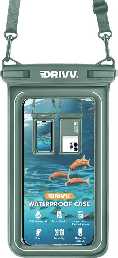 Drivv. Wasserdichte Luxus-Telefonhülle - schwimmend - Doppel-Clip-Verschluss - Telefone bis zu 6,8 Zoll - Unterwasser-Telefonhülle - Army Green