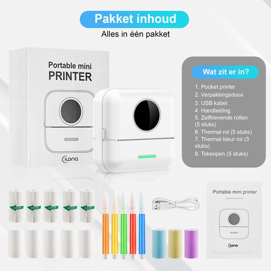 Ilona Mini-Drucker für das Handy - Taschendrucker - Premium Mini-Fotodrucker - Tragbarer Smartphone-Drucker - Mobiler Fotodrucker - Stickerdrucker - Inkl. 5 Rollen Klebepapier + 5 Rollen weißes Papier + 3 Rollen farbiges Papier + 5 Stifte