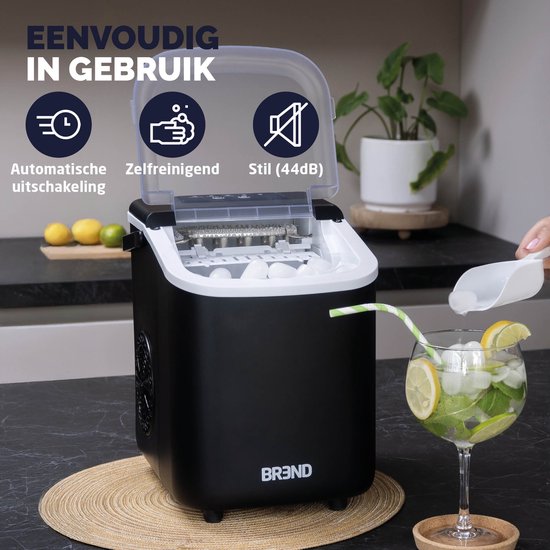 BREND Eiswürfelbereiter - Mit Schaufel und Tropfschale - Große oder kleine Eiswürfel - Tragbar - 10 kg in 24 Stunden - Schwarz