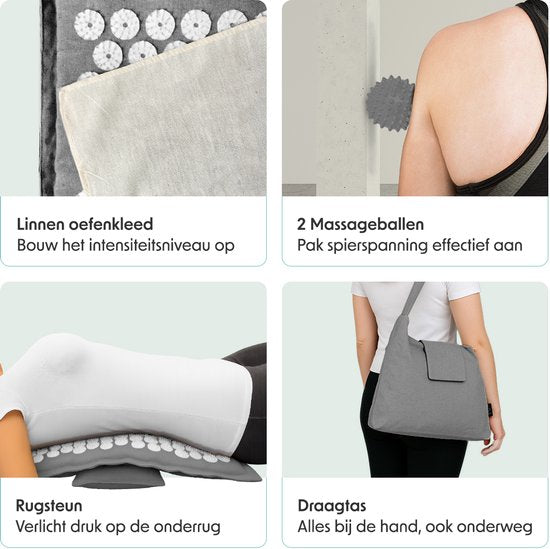 LifeGoods Akupressurmatte Eco - Komplettset - Kissen / Tragetasche / 2x Triggerpunktball - Shakti-Matte - Nagelmatte - 72x43x2cm - Grau/Weiß