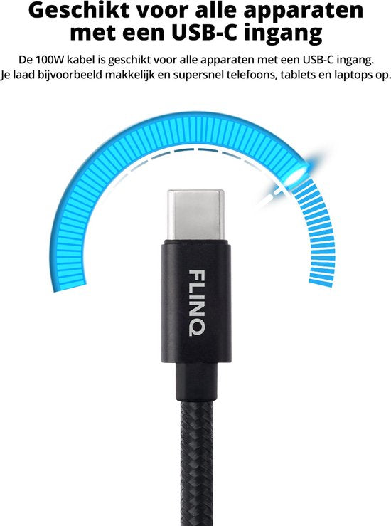 FlinQ - 2x USB C auf USB C Kabel 100W - Schnellladegerät für Smartphone, Tablet - Datenkabel und Ladegerät - 2 Meter langes Nylon-Ladekabel