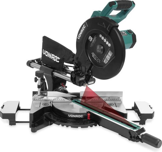 VONROC PRO Kappsäge - Fällsäge - Gehrungssäge - 2200W - Ø255mm - Schneidet Holz, Kunststoff und Metall - Regelbare Geschwindigkeit - Schnittkapazität 340mm - Verstellbare Tischverlängerung - Zugfunktion - Neigbar - Längenanschlag - Inkl. Sägeblatt, Laser