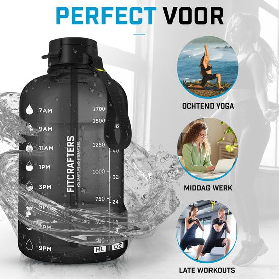 Fitcrafters Wasserflasche mit Zeitmarkierungen - Motivations-Trinkflasche - 2L - BPA frei - Schwarz