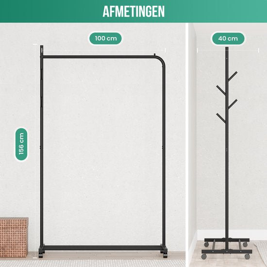 Avalo Kleiderständer auf Rädern Schwarz - Metall - 100x40x156 - Aufbewahrung für Schuhe
