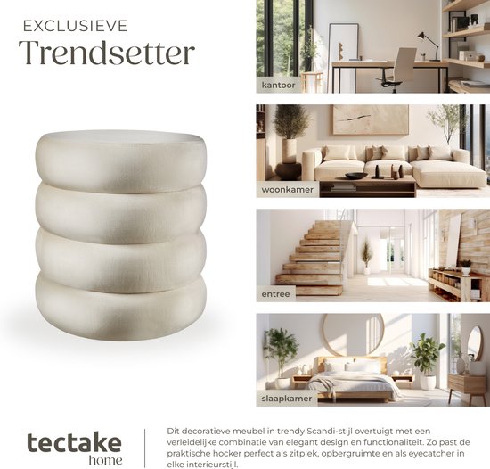 tectake - Hocker mit Ablage - Scandi Hocker Samtstoff - Runder gepolsterter Hocker für Frisiertisch, Schlafzimmer, Wohnzimmer oder als Flurmöbel - Ablagehocker - creme