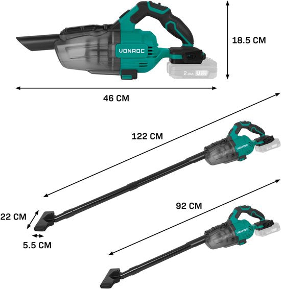 VONROC Leistungsstarker kabelloser Staubsauger - VPower 20V - Exkl. Akku & Ladegerät - 0,6L Auffangbehälter - Inkl. 3 Düsen, 2 Verlängerungsrohre und flexiblem Schlauch