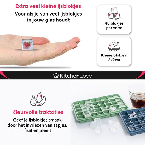 KitchenLove Silikon Eiswürfelform mit Deckel (2 Stück) - 80 Eiswürfel - Quadratisch - BPA frei - 100% Silikon - Grün & Blau