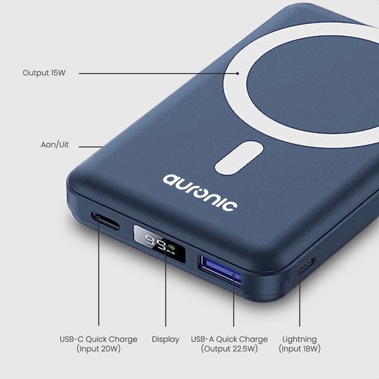 Auronic Powerbank - 10000 mAh - Geeignet für iPhone 12/13/14/15 und MagSafe - 22.5W - Kabelloses Laden - Blau