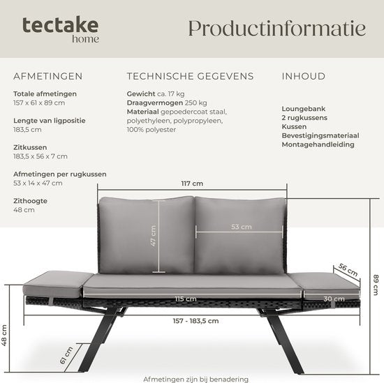 tectake® 2-in-1 Geflecht-Gartenbank Sintra - Verstellbare Handläufe - Gartenset - Liege - Balkon-Lounge-Bank - Inkl. Kissen - Outdoor-Lounge-Sofa - UV- und witterungsbeständige Sonnenliege - Hellgrau/Schwarz