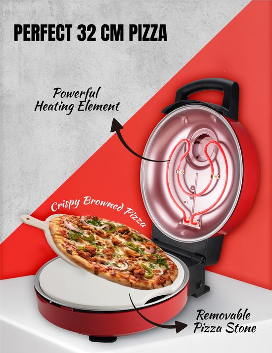 Bestron Turbo-Pizzaofen für Pizzen in 5–10 Minuten, elektrischer Pizzaofen mit einer tatsächlichen Höchsttemperatur von 320 °C, inklusive Pizzastein und 2 großen Holzspateln, Viva Italia, Farbe: Rot