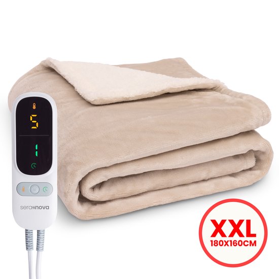Seranova Heizdecke XXL - Extra Wärmedrähte - Premium Modell - 180x160 cm - 2 Personen Wärmedecke - Doppelseitiges Fleece Sherpa - Creme beige