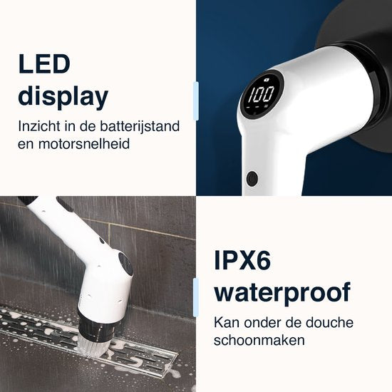 Samako Elektrische Reinigungsbürste - IPX6 Wasserdicht  - 9 Aufsätze - Kabellos - Bis zu 135 cm Reichweite