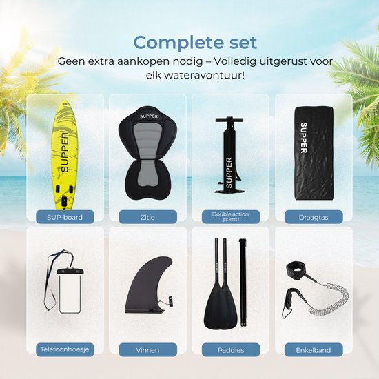 Supper Sup Board XL - Max. 220KG - Aufblasbar - Verstellbares Paddel - Wasserdichte Handytasche - Pumpe - Finne - Tragetasche - Touring 381 x 81 cm - Lime Green