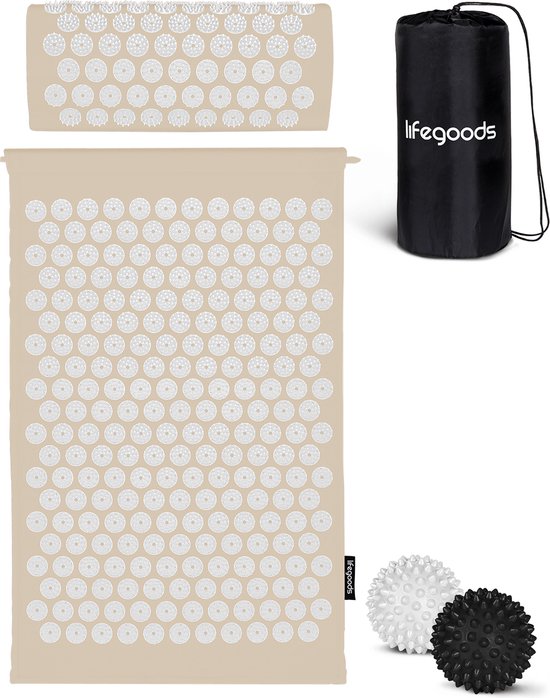 LifeGoods Akupressurmatte - Mit Kissen - Shakti Matte - Inkl. 2x Triggerpunkt Ball - 66x40x2cm - Beige/Weiß