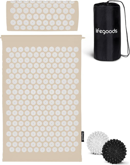 LifeGoods Akupressurmatte - Mit Kissen - Shakti Matte - Inkl. 2x Triggerpunkt Ball - 66x40x2cm - Beige/Weiß