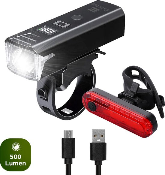 Exortus® Wiederaufladbares LED-Fahrradbeleuchtungsset – Fahrradlicht-Set in Weiß und Rot – Fahrradlampe, geeignet für jedes (Renn-)Fahrrad – Akkustandsanzeige – Sturzfest & wasserdicht – Mit Lichtsensor-Modus – Auch als Taschenlampe verwendbar