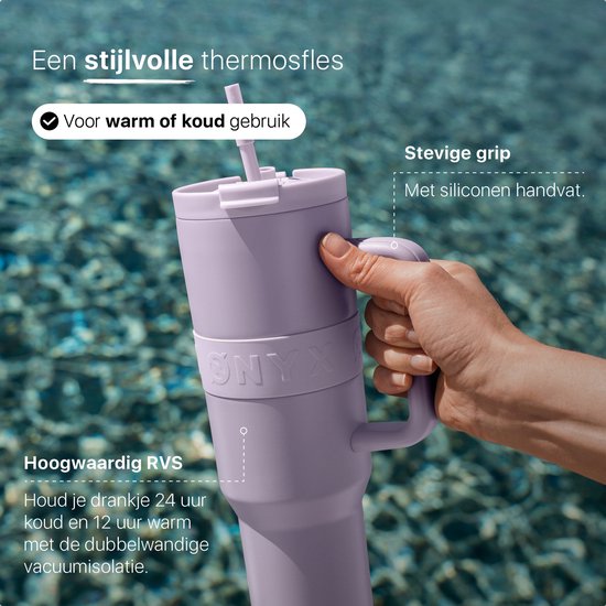 ONYX Trinkflasche mit Strohhalm 1,2 Liter - Trinkflasche für Kinder & Erwachsene - Thermosbecher Edelstahl Reisebecher - Motivationstrinker - Trinkbecher für die Schule - Pastell Lila