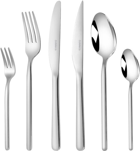 Deleca 6 Personen Luxus-Edelstahl-Besteck-Set Amor (36 Teile) - Löffel, Messer, Gabeln, Steakmesser & Kuchengabeln - spülmaschinenfest - Silbernes Design-Besteck - 18/0 Edelstahl