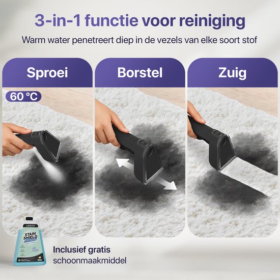LUMAN 4 in 1 Teppichreiniger - Heizfunktion und Selbstreinigung - Für Sofa, Boden, Auto und Teppich - 4 Bürsten - Inklusive Reinigungsmittel - 7 Meter Kabel