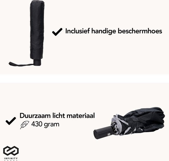 Infinity Goods Stormparaplu - Paraplu - 140 km/u - Reflecterend - Ã˜ 107 cm - Automatisch Uitklapbaar - Beschermhoes - Zwart