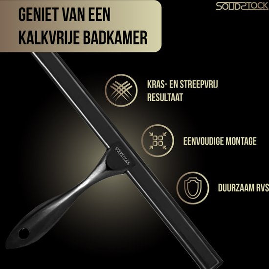 Duschabzieher Schwarz Edelstahl - Deluxe Duschabzieher - Hängehaken ohne Bohren - Duschabzieher Schwarz