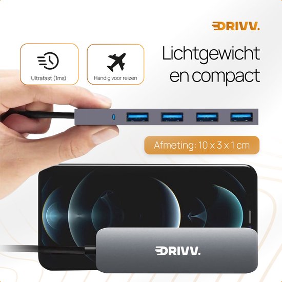 Drivv. USB-Splitter 4 Ports - USB 3.0A - USB-Hub 3.0 - Aluminiumgehäuse - Grau