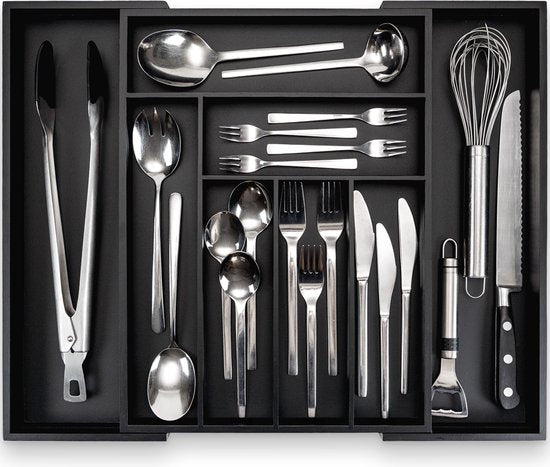 Budu Extendable Bamboo Cutlery Tray #43 (43 cm tief) - Schwarz - Besteckkassette Holz - Besteckschublade - 43 x 32,2 - 53 cm - 6/8 Fächer