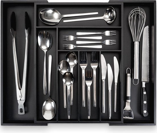 Budu Extendable Bamboo Cutlery Tray #43 (43 cm tief) - Schwarz - Besteckkassette Holz - Besteckschublade - 43 x 32,2 - 53 cm - 6/8 Fächer